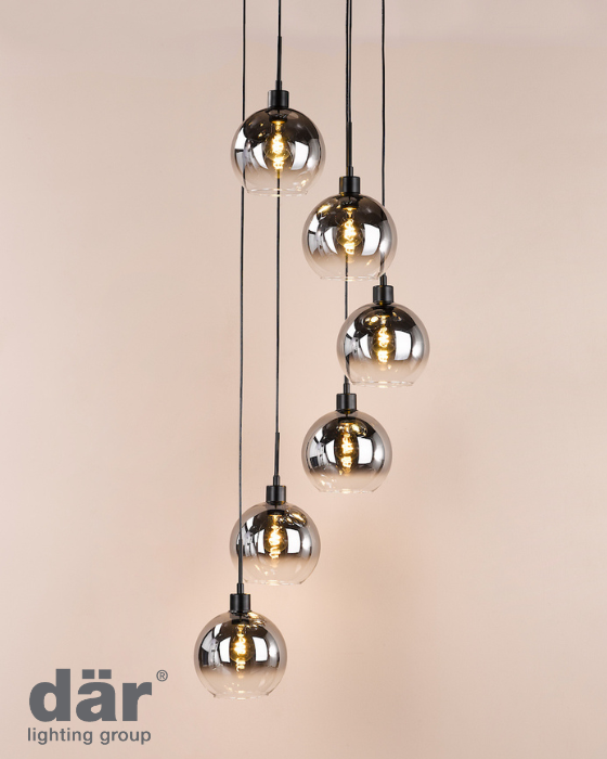 Dar Lighting Lycia 6 Light Matt Black & Smoked Ombre Glass Cluster Pendant