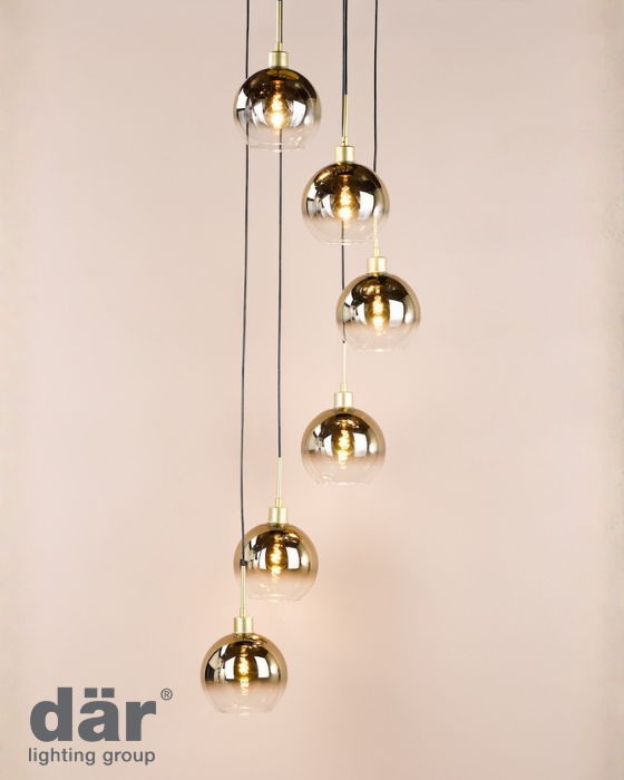 Dar Lighting Lycia 6 Light Satin Gold & Gold Ombre Glass Cluster Pendant