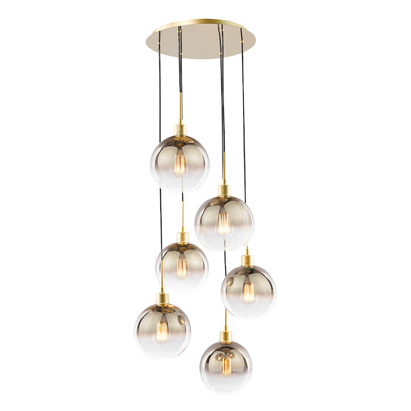 Dar Lighting Lycia 6 Light Satin Gold & Gold Ombre Glass Cluster Pendant