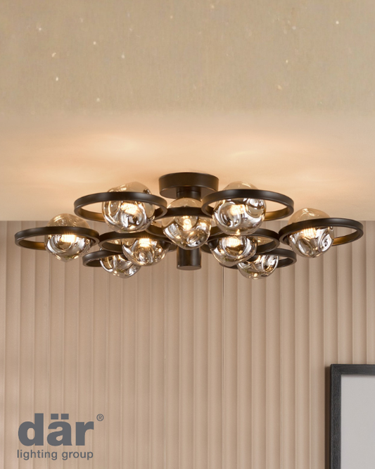 Dar Lighting Lynette 9 Light Satin Black Semi Flush With Closed Organic Smoked Glass