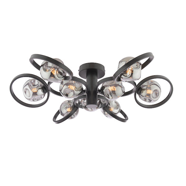 Dar Lighting Lynette 9 Light Satin Black Semi Flush With Closed Organic Smoked Glass
