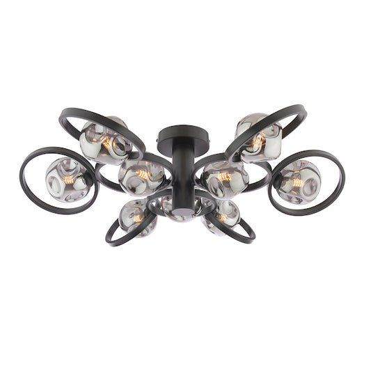 Dar Lighting Lynette 9 Light Satin Black Semi Flush With Closed Organic Smoked Glass