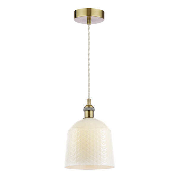 Pendant light with textured cream shade and antique brass fixture on a white background