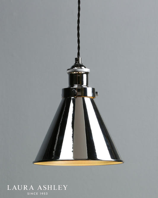 Laura Ashley metal flared cone pendant in chrome on a pale grey background with logo in white in the bottom left corner.