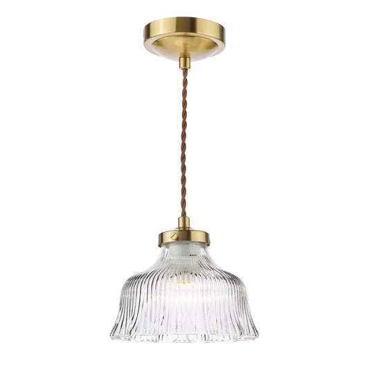 Dar Lighting Maude Natural Brass & Ribbed Glass Pendant