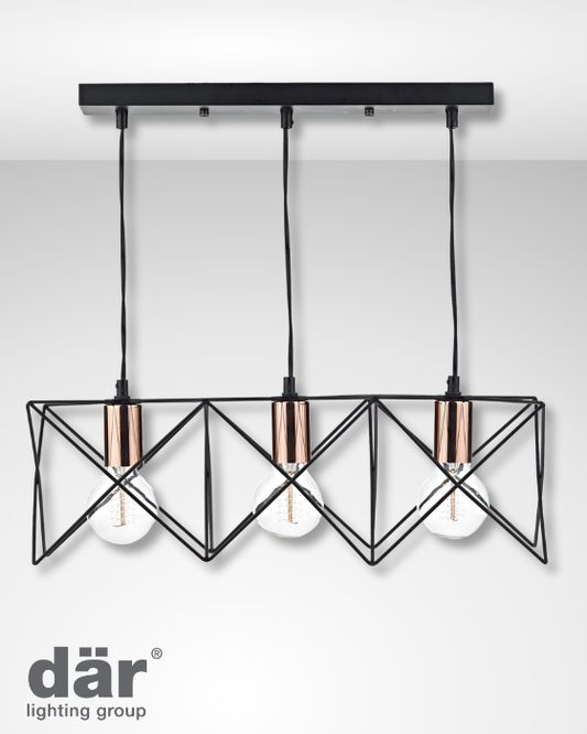 Dar Lighting Midi 3lt Black & Bright Copper Detail Bar Pendant