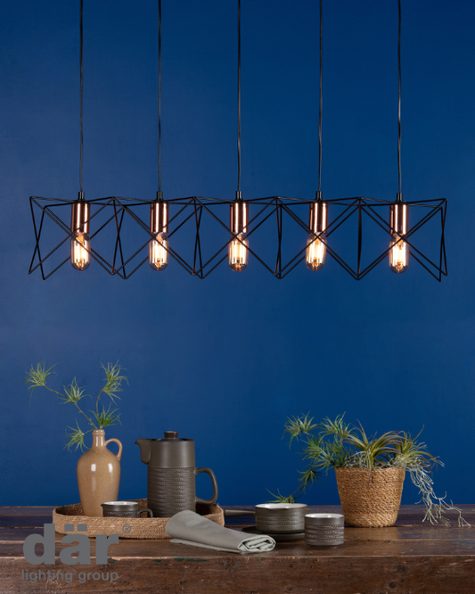 Dar Lighting Midi Cage 5lt Matt Black Bright & Copper Bar Pendant