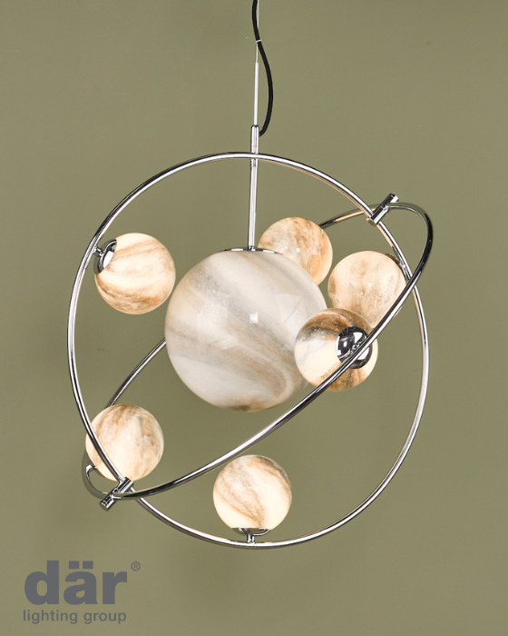 Dar Lighting Mikara 7 Light Polished Chrome & Marble Effect Glass Pendant