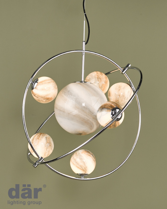 Dar Lighting Mikara 7 Light Polished Chrome & Marble Effect Glass Pendant