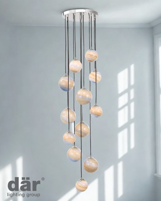Dar Lighting Mikara 12 Light Polished Chrome & Marble Effect Glass 1.5M Cluster Pendant