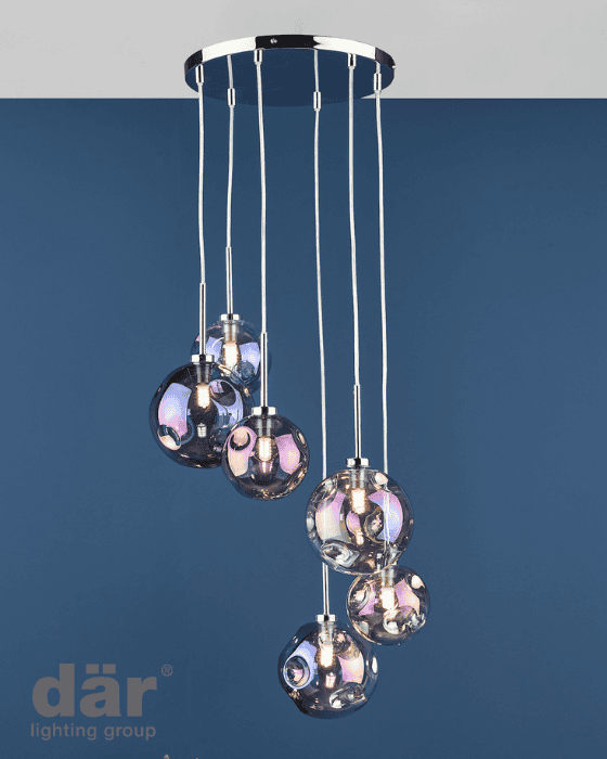 Dar Lighting Mira 6 Light Polished Chrome & Iridised Glass Cluster Pendant
