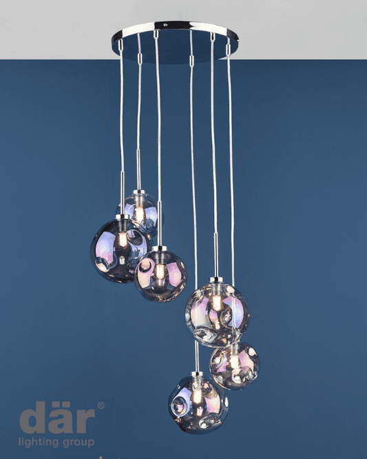 Dar Lighting Mira 6 Light Polished Chrome & Iridised Glass Cluster Pendant