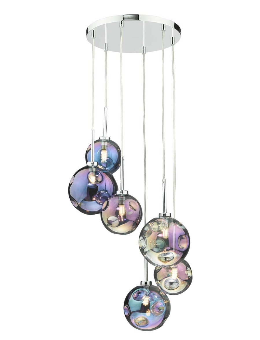 Dar Lighting Mira 6 Light Polished Chrome & Iridised Glass Cluster Pendant