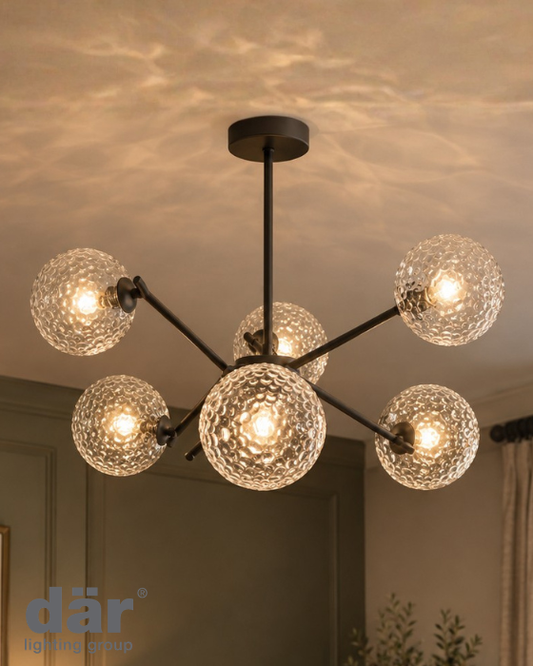 Dar Lighting Naron 6 Light Satin Black Semi Flush With Clear Hammered Glass
