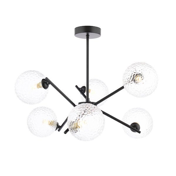 Dar Lighting Naron 6 Light Satin Black Semi Flush With Clear Hammered Glass