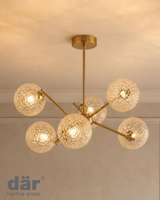 Dar Lighting Naron 6 Light Antique Bronze Semi Flush With Amber Hammered Glass