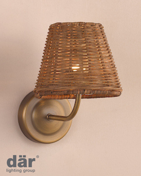 Dar Lighting Navarro Rechargeable LED Antique Bronze Wall Light With Rattan Shade