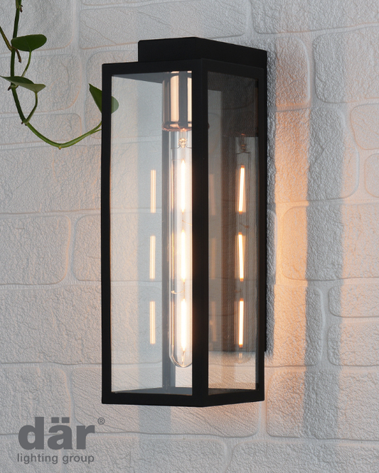 Dar Lighting Naxos Outdoor IP43 Black & Glass Wall Light