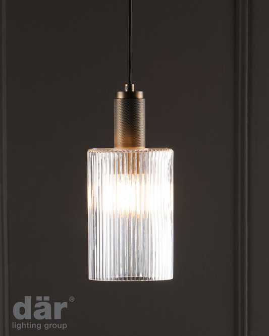Dar Lighting Nikolas Solid Brass & Ribbed Cylinder Glass Pendant