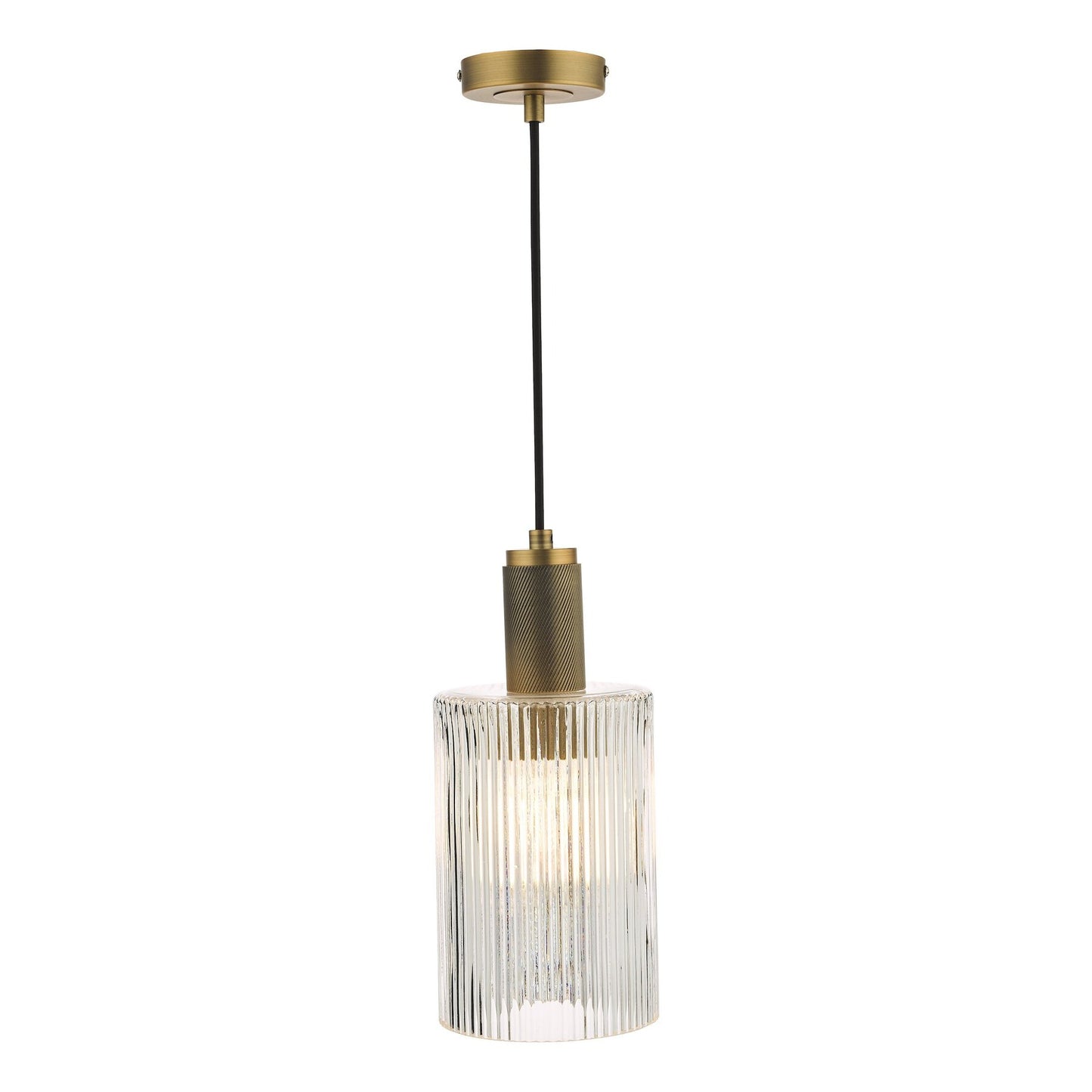 Dar Lighting Nikolas Solid Brass & Ribbed Cylinder Glass Pendant
