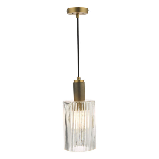 Dar Lighting Nikolas Solid Brass & Ribbed Cylinder Glass Pendant