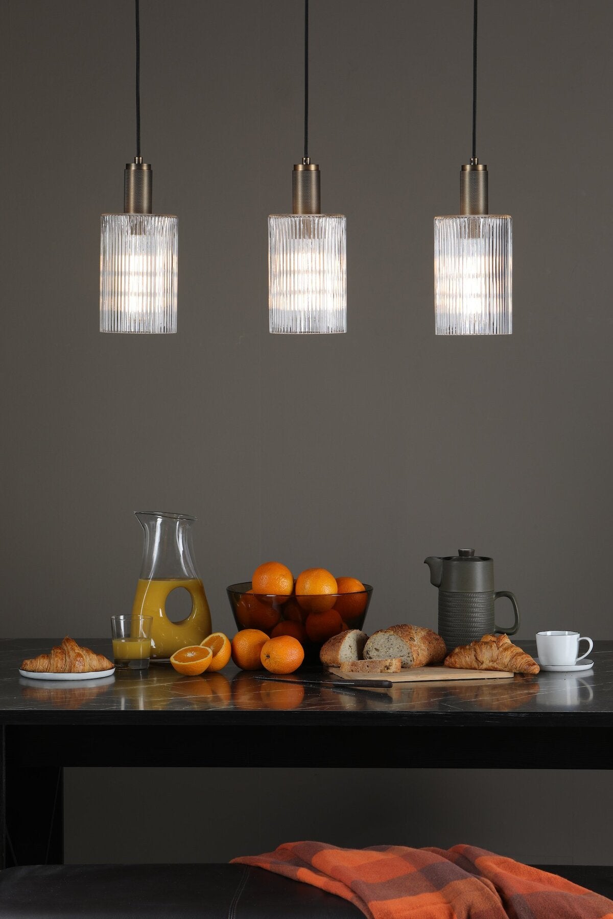 Dar Lighting Nikolas Solid Brass & Ribbed Cylinder Glass Pendant