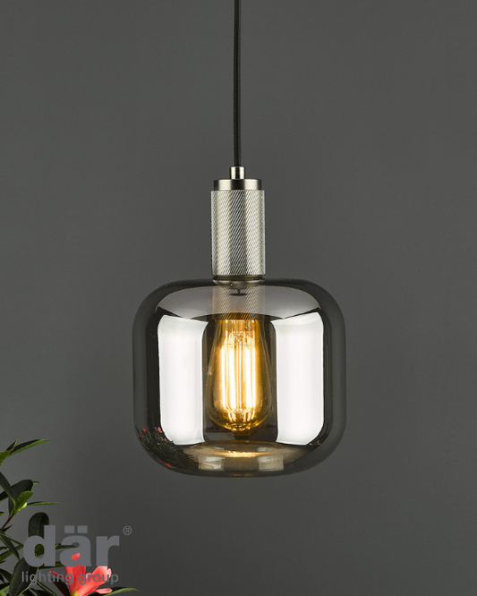 Dar Lighting Nikolas Natural Solid Brass & Smoked Glass Pendant