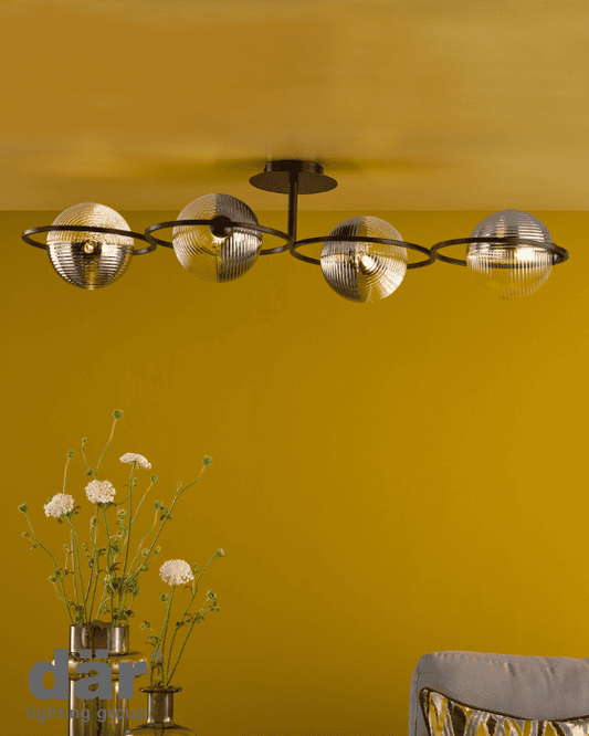 Dar Lighting Olympus 4 Light Matt Black & Smoked/Clear Ribbed Glass Semi Flush