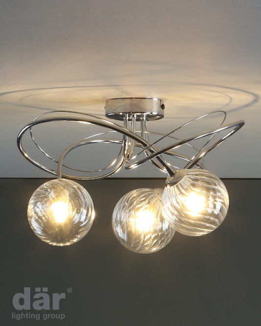 Dar Lighting Onawa 3 Light Polished Chrome Semi Flush With Twisted Closed Glass