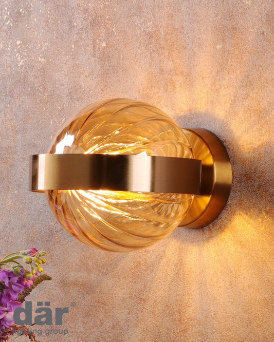 Dar Lighting Ophira Wall Light Antique Gold and Amber Ribbed Glass