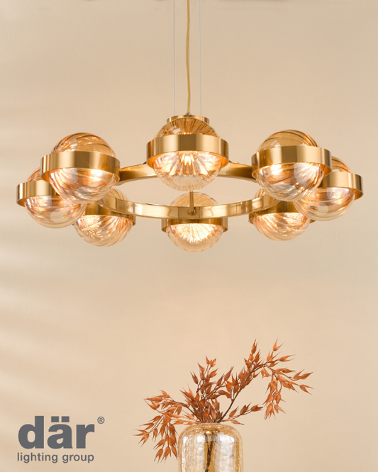 Dar Lighting Ophira 8 Light Antique Gold & Amber Ribbed Glass Pendant