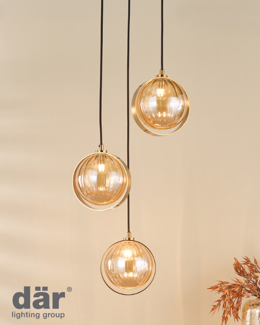 Dar Lighting Ophira 3 Light Antique Gold & Amber Ribbed Glass Cluster Pendant