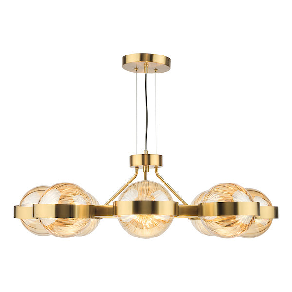 Dar Lighting Ophira 8 Light Antique Gold & Amber Ribbed Glass Pendant