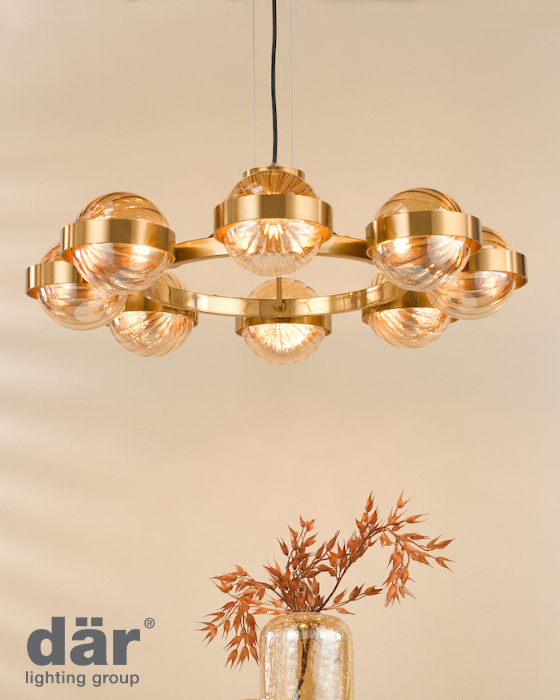Dar Lighting Ophira 8 Light Antique Gold & Amber Ribbed Glass Pendant