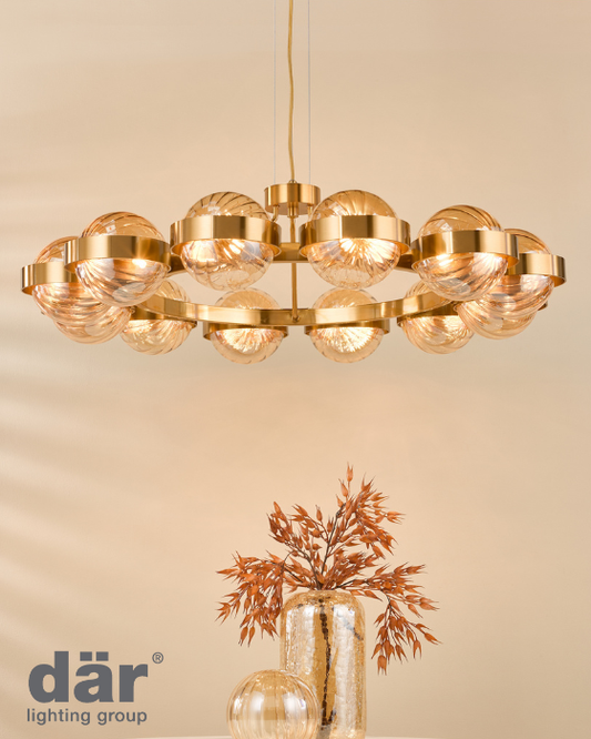Dar Lighting Ophira 12 Light Antique Gold & Amber Ribbed Glass Pendant