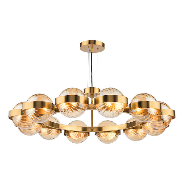 Dar Lighting Ophira 12 Light Antique Gold & Amber Ribbed Glass Pendant