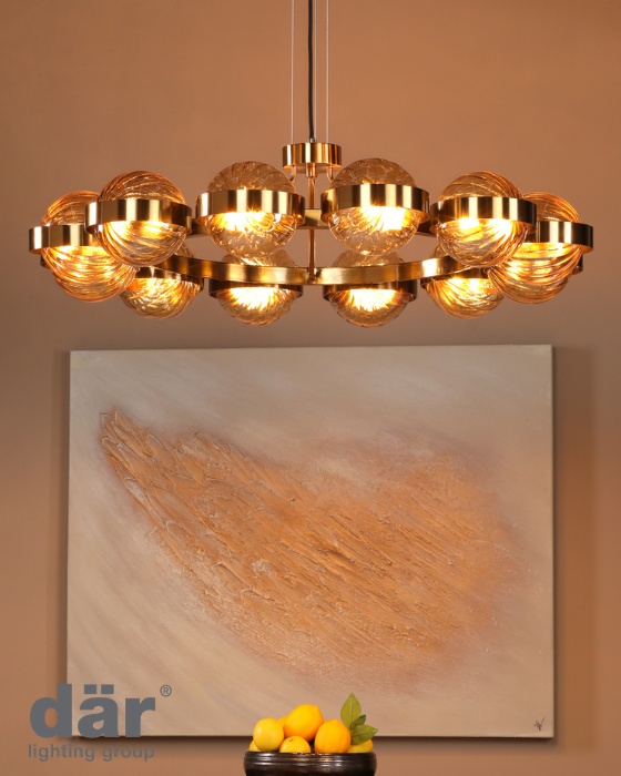 Dar Lighting Ophira 12 Light Antique Gold & Amber Ribbed Glass Pendant