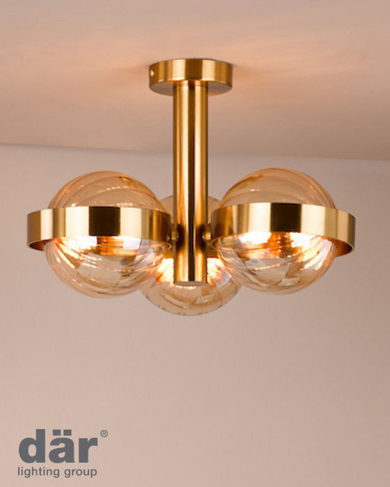 Dar Lighting Ophira 3 Light Antique Gold & Amber Ribbed Glass Semi Flush