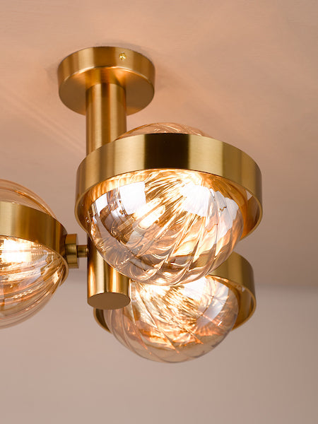 Dar Lighting Ophira 3 Light Antique Gold & Amber Ribbed Glass Semi Flush