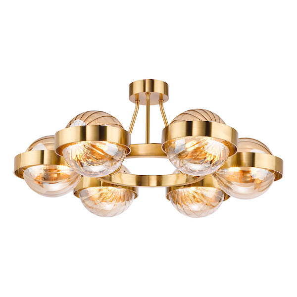 Dar Lighting Ophira 6 Light Antique Gold & Amber Ribbed Glass Semi Flush