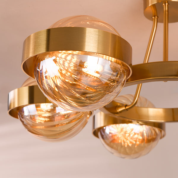Dar Lighting Ophira 6 Light Antique Gold & Amber Ribbed Glass Semi Flush