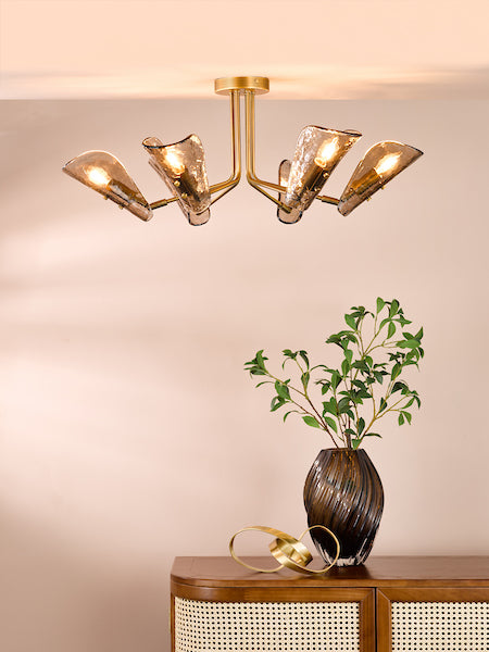 Dar Lighting Ordelle 6 Light Adjustable Antique Bronze & Tea Smoked Glass Semi Flush
