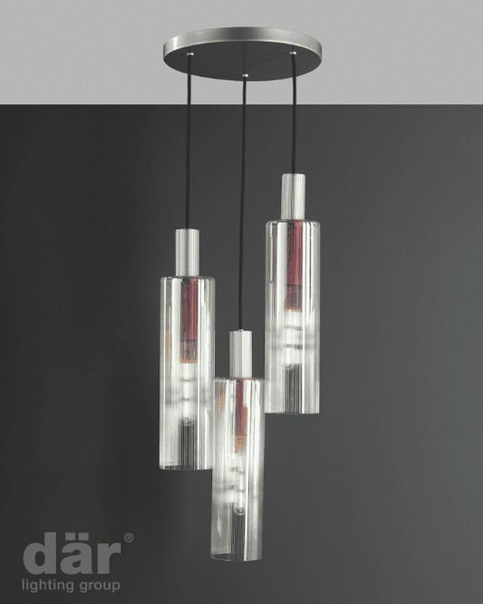 Dar Lighting Ruben 3 Light Satin Silver & Ribbed Iridised Glass Cluster Pendant
