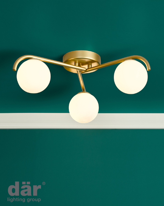 Dar Lighting Orlena 3 Light Satin Gold & Opal Glass Flush