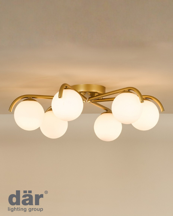 Dar Lighting Orlena 6 Light Satin Gold & Opal Glass Flush