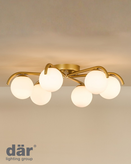 Dar Lighting Orlena 6 Light Satin Gold & Opal Glass Flush