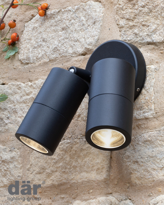 Dar Lighting Ortega Outdoor 2 Light Matt Black IP65 Wall Spotlight