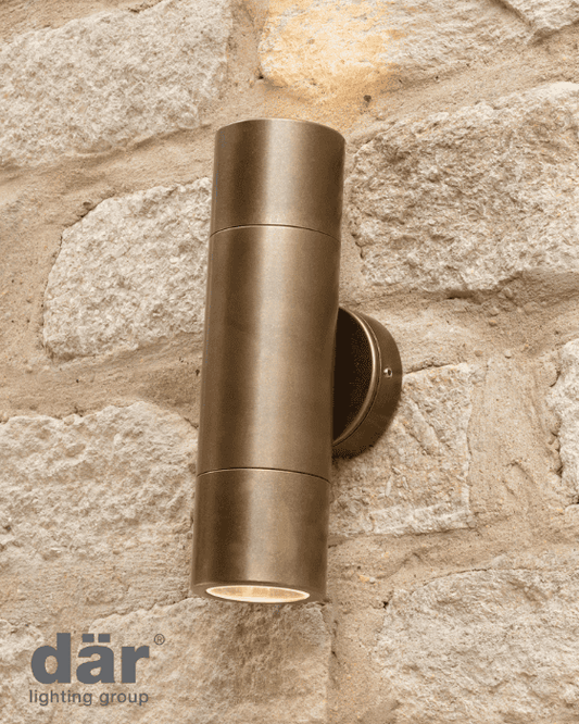 Dar Lighting Ortega Outdoor 2 Light IP65 Natural Brass Wall Light