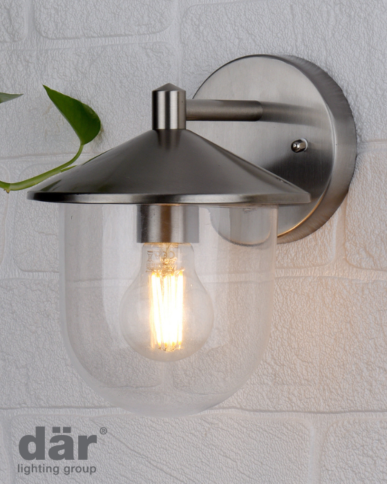 Dar Lighting Poole Outdoor IP44 Stainless Steel & Glass Wall Light
