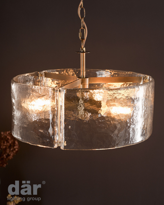 Dar Lighting Ravis 3 Light Antique Bronze & Textured Glass Pendant